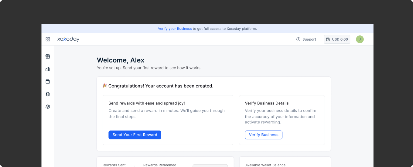 Welcome dashboard with Send Your First Reward and Verify Business Details cards
